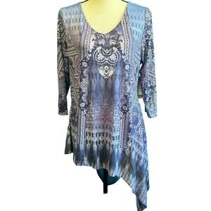 One World Purple Abstract Asymmetrical Hem 3/4 Sleeve Blouse Medium NWT